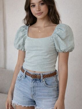 SHEIN Teen Girls Solid Square Neck Puff Sleeve Crop Top,10-11Yrs Old (Adult Xxs)